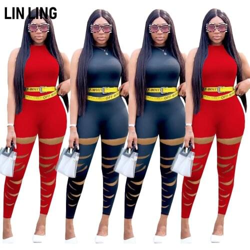LINLING Womens Casual Solid Sleeveless Broken Hole Tie Waist Long Pants Jumpsuit Clubwear Jumpersuit Women