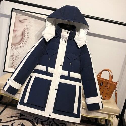 Korean Style Winter Puffer Jacket Women Thick Warm Long Sleeve Loose Color Matching White Duck Down Casaco Feminino Y489