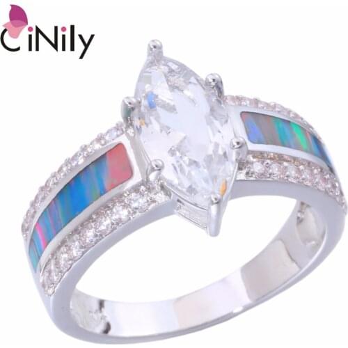 CiNily Created Rainbow Fire Opal White Stone Cubic Zirconia Silver Plated Wholesale for Women Jewelry Ring Size 6-9 OJ9258