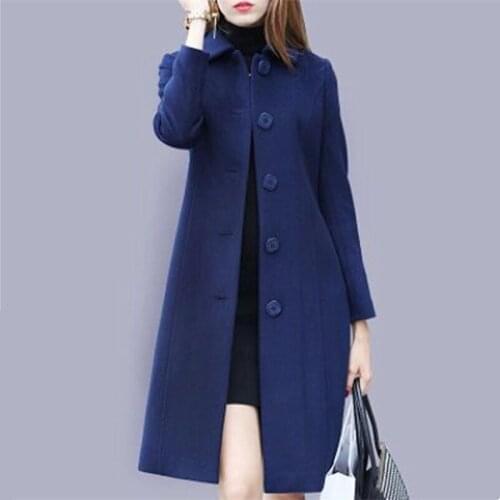 Winter Cashmere Womens Coat Turn-Down Collar Long Sleeve Cardigan Button Slim Solid Plus Size Fashion Office Lady Coat