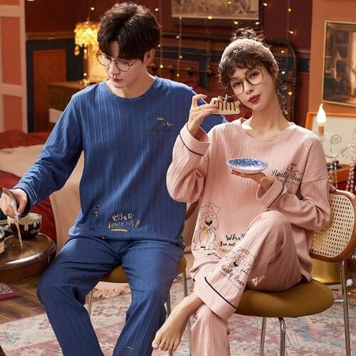 Winter Couple Long Sleeve Pajamas Set Korean Sweet Pink Women Sleepwear Cute Cartoon Dogs Pattern Couple O-Neck Cotton Homewear