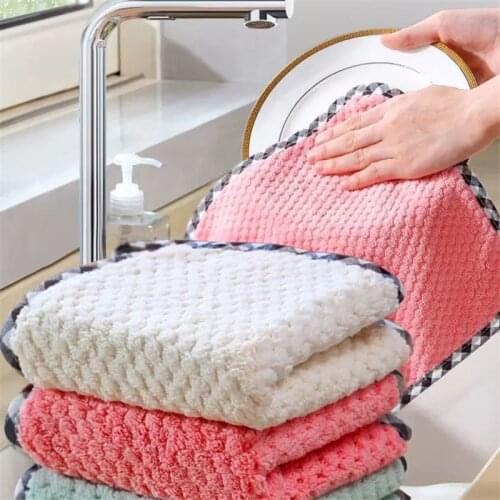 1/3Pcs Kitchen Double-sided Absorbent Thickening Scouring Pad Coral Velvet Dish Towel Rag Non-stick Oil Dish Cloth