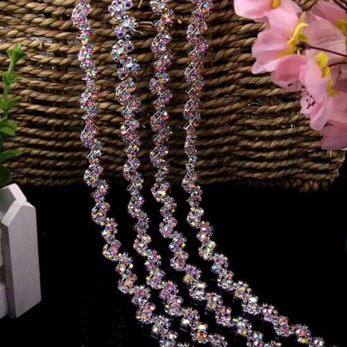 1 yard 1.4 cm Crystal Rhinestones Chain Applique for Dress Necklace Belt Clothes Bags Trim DIY Sew On Silver AB Gold AB