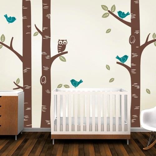 250*250CM Cute Owl Birds Large Birch Tree Wall Sticker Decal Wallpaper Mural Nursery Baby Forest Home Background Decoration D639