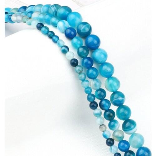 DIY Bracelet Blue Carnelian Smooth Agates Natural Stone 8/6/4mm Striped Round Loose Beads For Handmade Jewelry Making Accessory