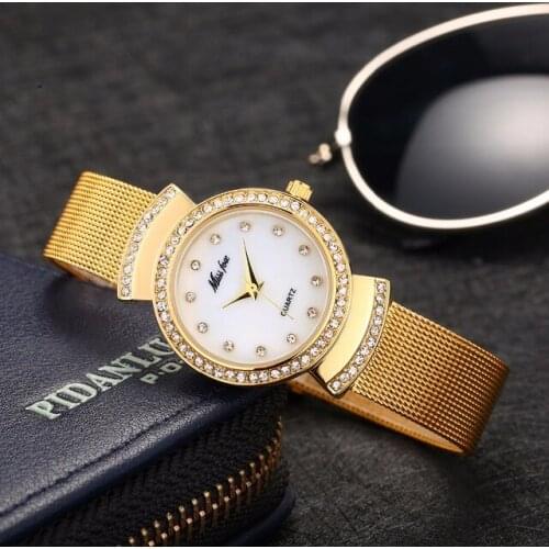 Missfox Diamond Small Female Watch Steel Mesh 18k Golden Quartz Watches Women Gift for Girls Ladies Bracelet Watch Montre Femme