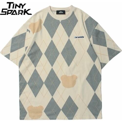 Hip Hop Mens Streetwear T Shirt Embroidery Argyle Bear Hand Tshirt 2021 Summer Harajuku Cotton T-Shirt Short Sleeve Tops Tees