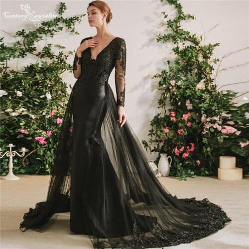 Gothic Black Wedding Dresses Mermaid Bridal Dress with Detachable Train Lace Appliques Pearls Boho Bride Gowns Vestido De Noiva