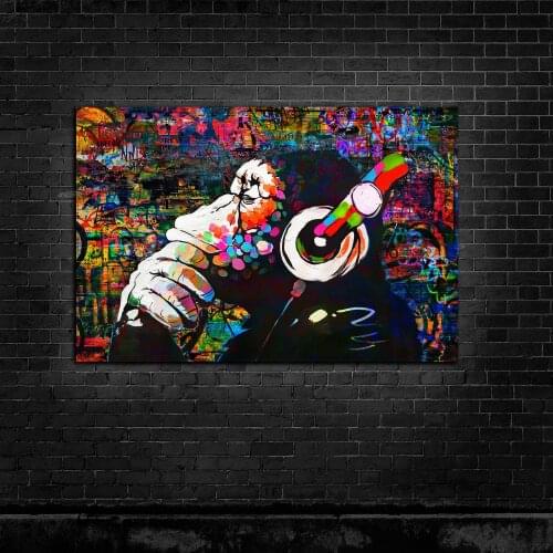 Graffiti Canvas Monkey is Listening To The Music Painting Printing Wall Art Room Posters Decor For Students Living Room Bedroom