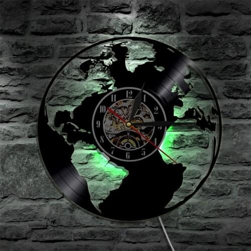 World Map LED Silhouette Backlight Modern Light Vinyl Clock Color Change Decor Art Lamp Remote Control Decor Nightlight