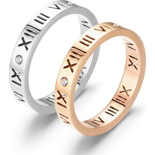 Rose Gold Silver Color Roman Numerals Ring for Woman Men Stainless Steel Crystal Romantic Finger Anniversary Jewelry Gift
