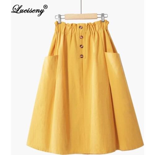 LUEISENY Skirts Women 2020 Casual Elegant Button Midi Skirt Korean Style Pocket A Line Mujer Faldas Femme Jupes Saias Mulher
