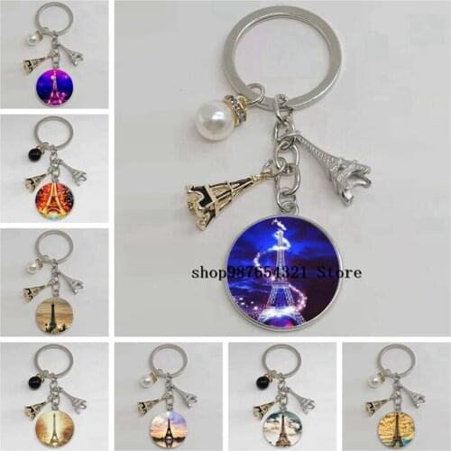 New Eiffel Tower Photo Landscape Keychain Glass Round Dome Charm Keychain Car Bag Keychain Jewelry