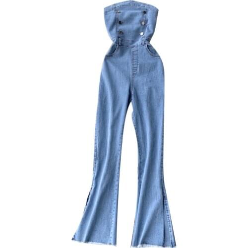 New Casual Women slash neck Jumpsuit Denim Rompers Ladies summer Casual split Jumpsuits Overalls Pants
