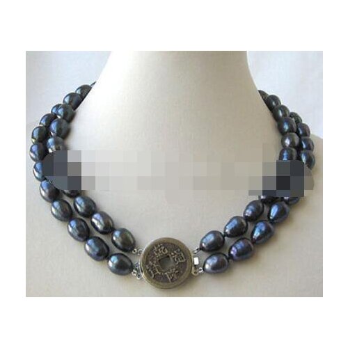 P3207 - 2row 17-18" 9-10mm natural black baroque freshwater pearl necklace