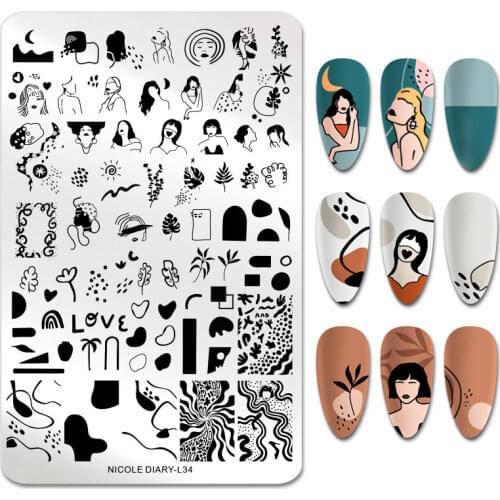 NICOLE DIARY Big Nail Stamping Plates Stainless Steel Artist Young Girls Face Lines Pictures Nail Art Stamp Templates Tools