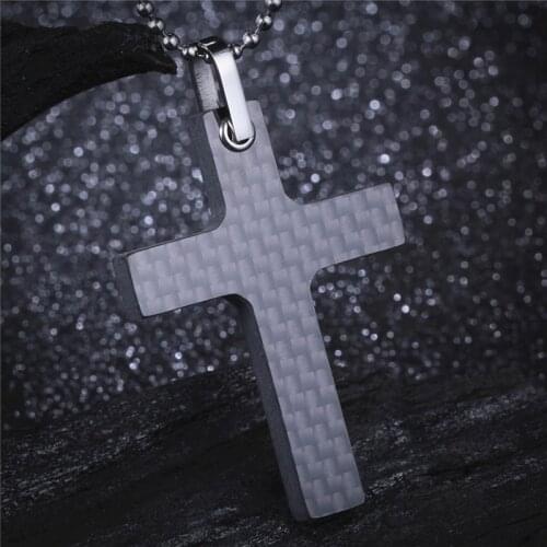 Newest Punk Style Black Carbon Fiber Cross Pendant with Free Ball Chain Biker Necklace for Men CF002P