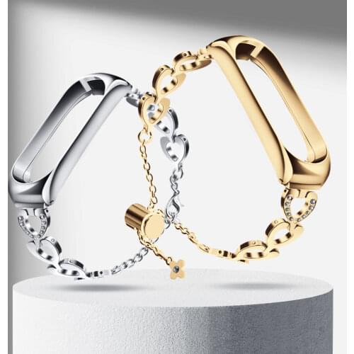 For Mi Band 6/5 Strap Heart Shape diamond Metal Bracelet for Xiaomi Mi Band 3 4 Wristband Stainless Steel Watchband Accessories