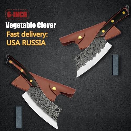 Tactical Knife 6'' INCH Cleaver Butcher Full Tang Serbian Style Survival Hiking Leather Knife Sheath Cover Case Sharpening Stone