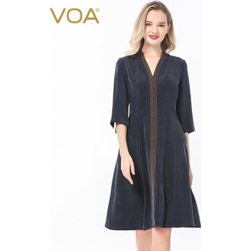 VOA Silk Navy Blue Distressed Dresses A20 V-Neck Vent Three Quarter Bright Line Decoration Office Lady Summer Womens Dress 2021