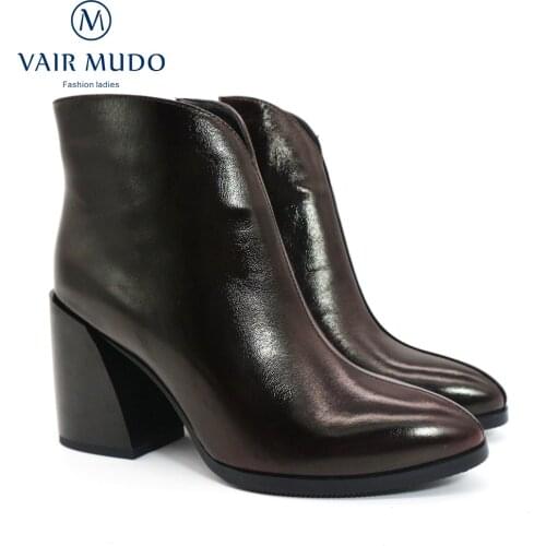 VAIR MUDO 2021 Spring Autumn Women Ankle Boots Shoes Thick High Heel Genuine Leather Short Plush Boots Shoes Office Lady DX118