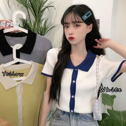 Woman TShirts Summer Polo Collar Short-Sleeved Knitted T-shirt Womens Top Crop Top Mujer Camisetas