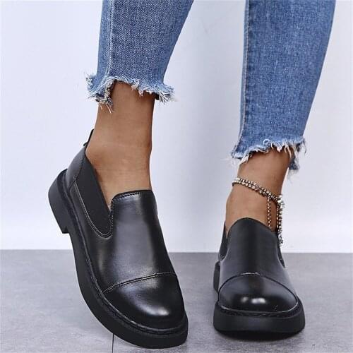 Retro Flats 2021 Spring New Faux Leather Slip On Elastic Band Ladies Single Shoes Larged-Size British Style Female Loafers