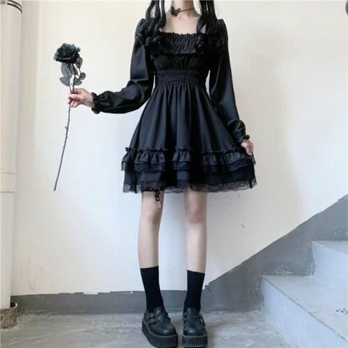 Japanese Lolita Style Women Princess Black Mini Dress Slash Neck High Waist Gothic Dress Puff Sleeve Lace Ruffles Party Dresses