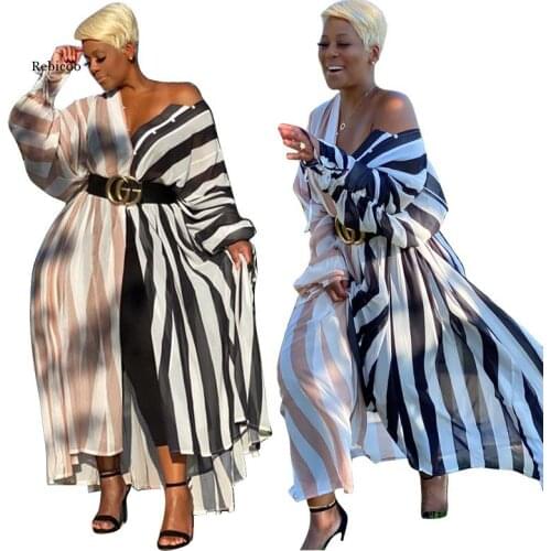 Women Maxi Dresses Long Sleeve Dress Plus Size Clothing Loose Casual Striped Shirt Dress Streetwear