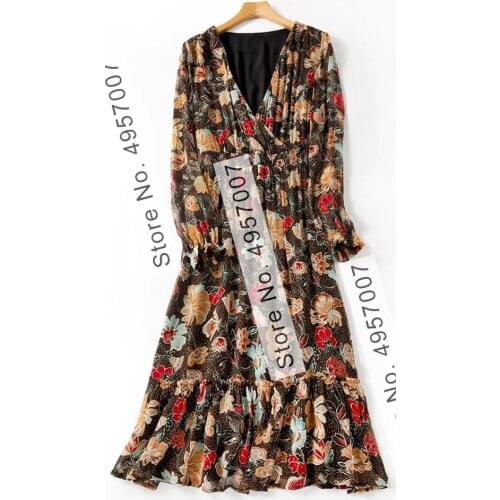 ElfStyle 2020 Women/Ladies V Neck Silk Floral Printing Long Sleeve Midi Dress With Gathering Waist & Lining