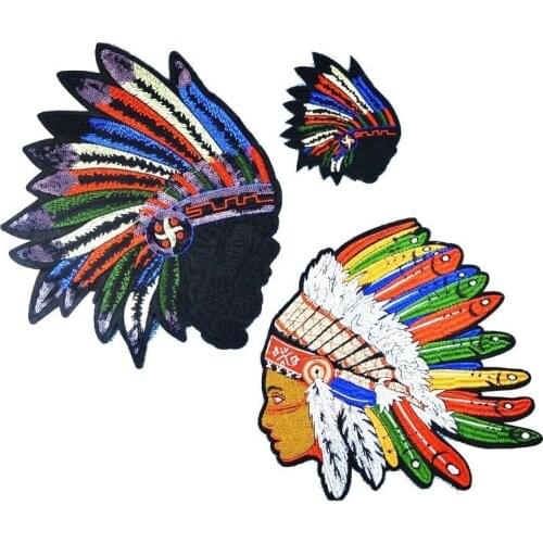 Punk Style Badges Oversized Colorful Indian Head Feather Embroidery Patches With Adhesive DIY Sewing Garment Appliques