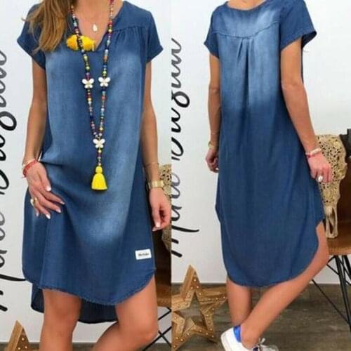 2021 Women V Collar Pullover Short Sleeve Denim Dress Plus Size Dress Casual Dress Vestidos Summer Plus Size Beach Dress Summer