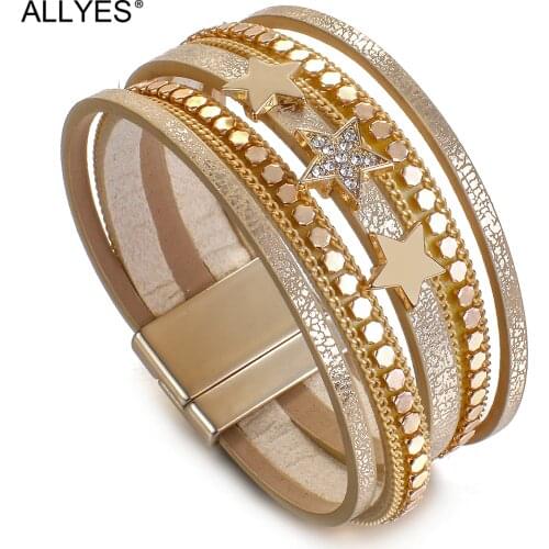 ALLYES Multilayer Stars Charm Leather Bracelet for Women Trendy Rhinestone Crystal Femme Magnetic Wrap Bracelets Female Jewelry