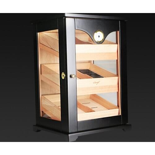 Black cabinet cigar humidor high-quality multiple lacquer finish cedar wood 3 cigarette storage box case lighter With Hygrometer