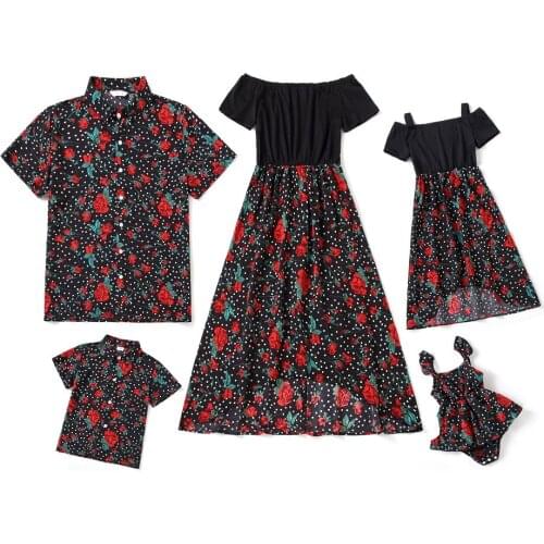 Flower Family Matching Outfits Irregular Mother Daughter Dresses Father Son Shirts Boat-Neck Mom Mum Baby Mommy and Me Clothes