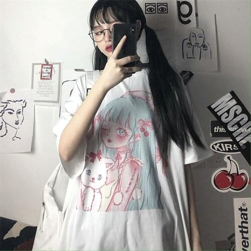White Cartoon Loose T Shirt Oversized Streetwear Girls Funny Tees Cool Summer Pink Print O-neck High Street T Shirt Females