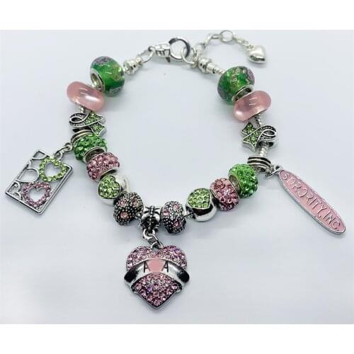 Exquisite pink green rhinestone metal bead bracelet Greek society ALPHA sorority jewelry snake chain bangle