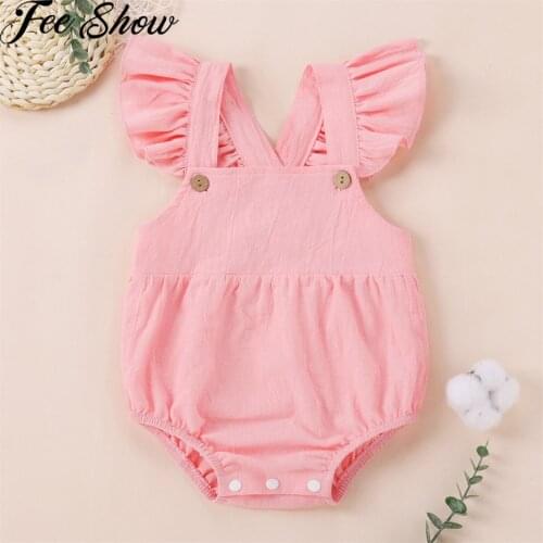 0-12 Month Newborn Baby Girls Cotton Ruffled Flutter Sleeve Bodysuit Summer Button Romper Girls Sleeveless Backless Jumpsuits
