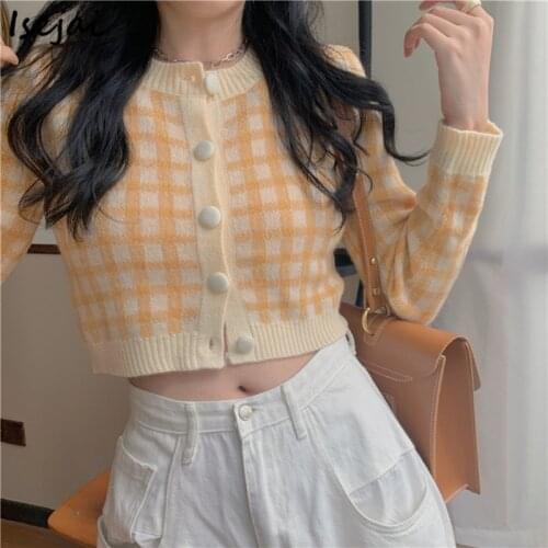 Retro Plaid Short Cardigans Women Knitted Cardigan Spring Autumn Elegant Sweater Sweet Outwear