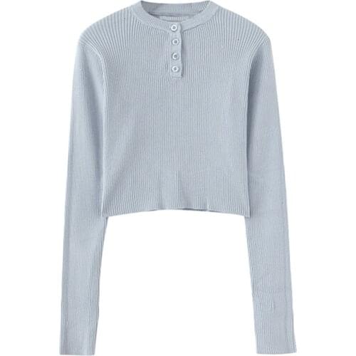 PUWD Y2K Cute Girl Long Sleeve Slolid Blue Sweater 2021 Summer Fashion Ladies Slim Short Knitwear Vintage Women Chic Knitted Top