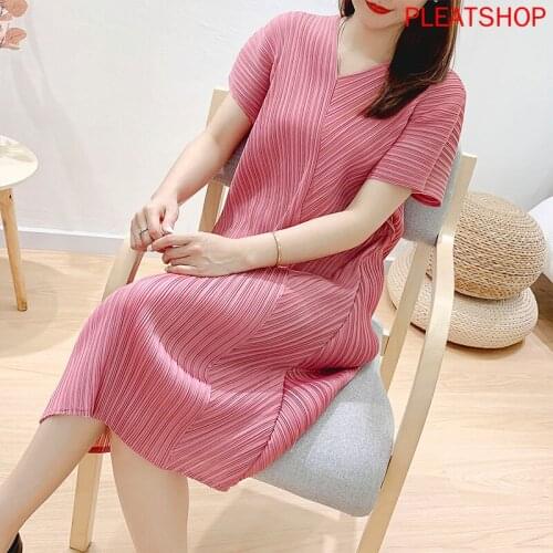 MIYAKE Pleats V-neck Off-Shoulder Sleeves Dress Mid-Length Simple Waist Slimming Goddess Dresses Slimming Elegant Shein