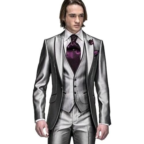 Fashion cool One Button Shiny Silver Grey Groom Tuxedos Groomsmen Mens Wedding Suits Best man Suits (Jacket+Pants+Vest+Tie)