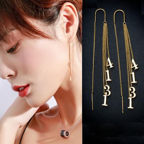 Trendy Stainless Steel 1314 earrings Japanese and Korean tide temperament long tassel ear line for girlfriend