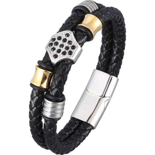 Trendy Style Multi Layer Design Stainless Steel Fashion Mens Leather Bracelet Classic Gift For Men Jewelry Party Favors BB0938