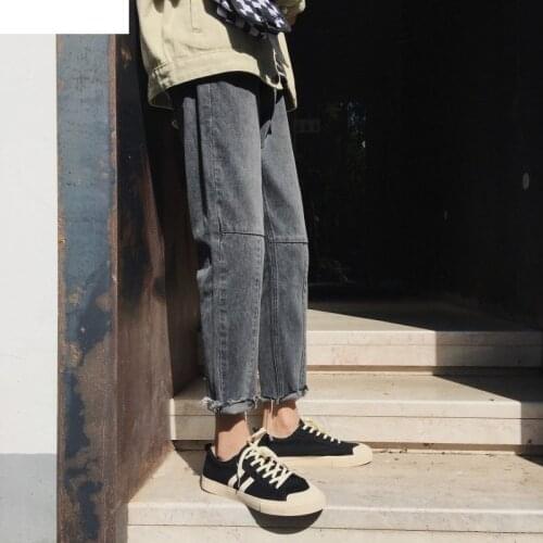 Hong Kong style 2020 mens jeans men street spring autumn loose Smoke gray cropped pants Korean youth casual straight jeans men