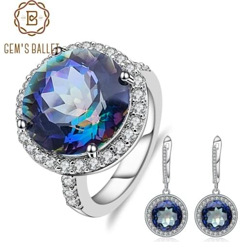 GEMS BALLET 8.51ct Round Natural Blueish Mystic Quartz Jewelry Set 925 Sterling Silver Earrings Ring Set For Women Trendy Fine