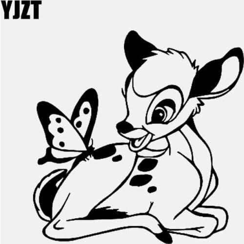 YJZT 13.7CM*13.8CM Cartoon Bambi Deer With Butterfly Car Sticker Cute Animal Vinyl Decal Black/Silver C24-0118