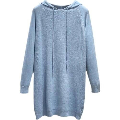 Autumn and winter new womens wear medium length fashion versatile hooded woolen dress loose knit bottomed shirt skirt