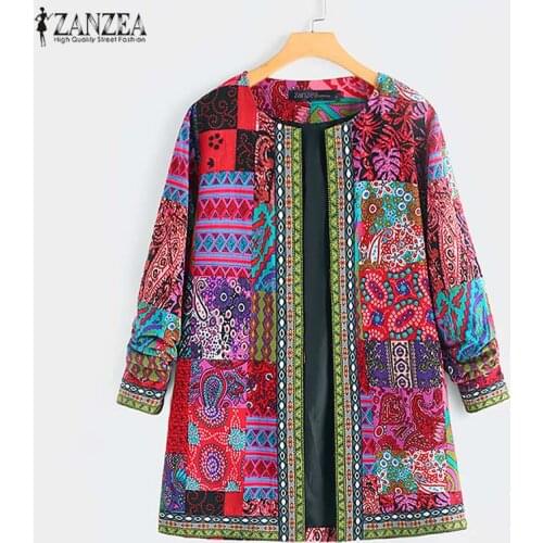 2021 ZANZEA Autumn Thin Coats Womens Ethnic Printed Cardigan Open Stich Jackets Casual Long Sleeve Overcoats Plus Size S-5XL