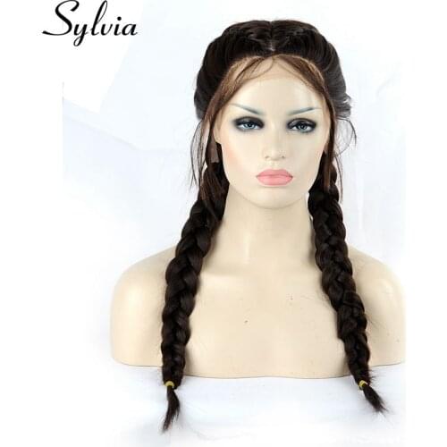 Sylvia Natural Hairline Brown Ponytail Synthetic Lace Front Wig With Baby Hair Double Braids Heat Resistant Fiber Middle Part